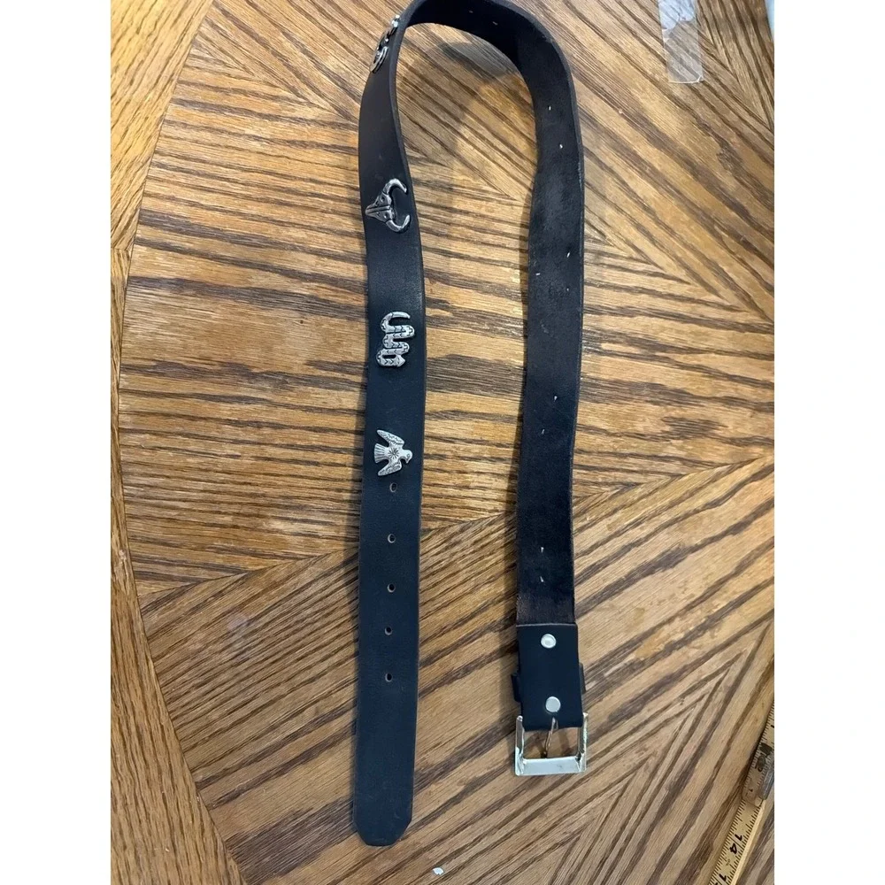 Black Leather Belt with Silver Metal Animal Charms Bull Skull Eagle Lizard